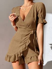 SHEIN PETITE Surplice Neck Knot Side Ruffle Trim Wrap Dress - Khaki - View 1