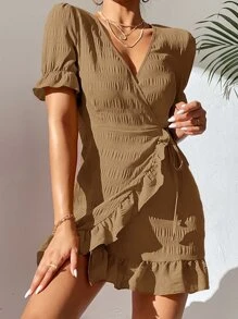 SHEIN PETITE Surplice Neck Knot Side Ruffle Trim Wrap Dress - Khaki - View 6