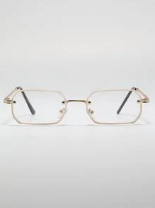 1 pieza Gafas de montura geométrica retro de pequeño tamaño, con marco de metal vintage de estilo trendy, decoración de remaches, lentes planos (incluye correa para gafas y paño de limpieza) - Dorado - Ver 4