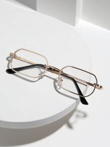 1 pieza Gafas de montura geométrica retro de pequeño tamaño, con marco de metal vintage de estilo trendy, decoración de remaches, lentes planos (incluye correa para gafas y paño de limpieza) - Dorado - Ver 6