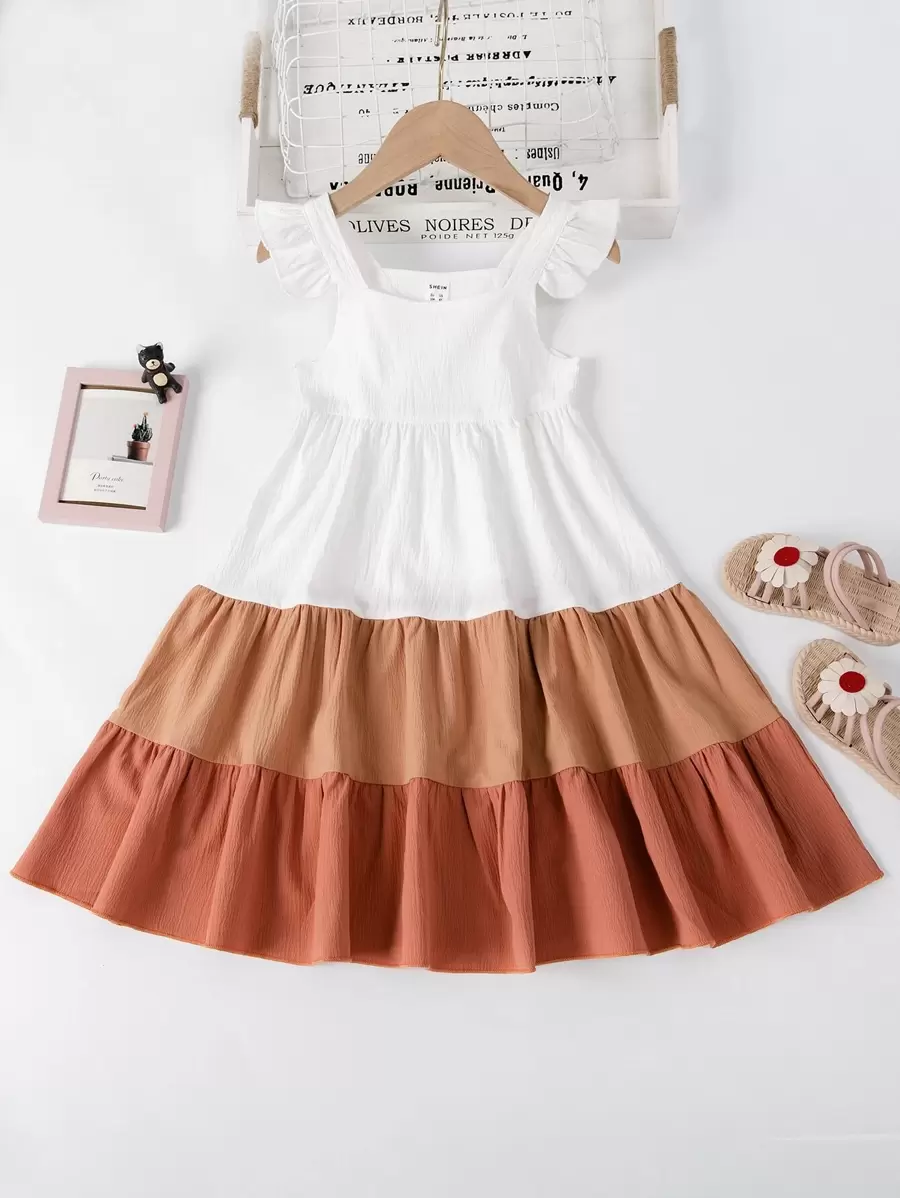 SHEIN 1pc Young Girl Color Block Cap Sleeve Dress, Casual Dress , Summer Beach Vacation Wear - Multicolor - View 1