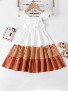 SHEIN 1pc Young Girl Color Block Cap Sleeve Dress, Casual Dress , Summer Beach Vacation Wear - Multicolor - View 2