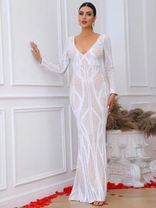 LOVE&LEMONADE 幾何圖案深V領魚尾裙下擺正式禮服 - 彩色 - 查看 3