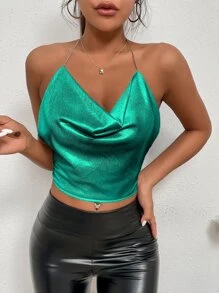 SHEIN Allurite 垂領鏈條細節後背繫帶金屬亮絲掛脖上衣