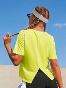 下擺開叉運動T恤 - 青檸色 - 查看 3