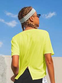 下擺開叉運動T恤 - 青檸色 - 查看 4