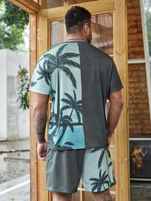 Manfinity Men Plus Tropical & Letter Graphic Tee & Drawstring Waist Shorts - Multicolor - View 2