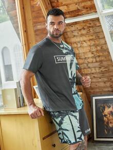 Manfinity Men Plus Tropical & Letter Graphic Tee & Drawstring Waist Shorts - Multicolor - View 5