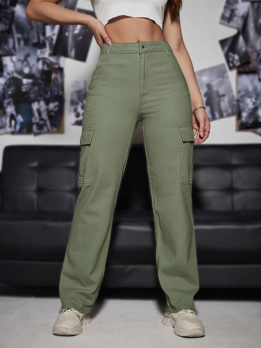 High Waist Cargo Jeans - Army Green - View 1