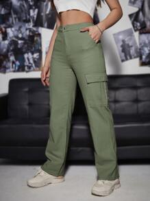 High Waist Cargo Jeans - Army Green - View 3