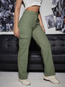 High Waist Cargo Jeans - Army Green - View 5