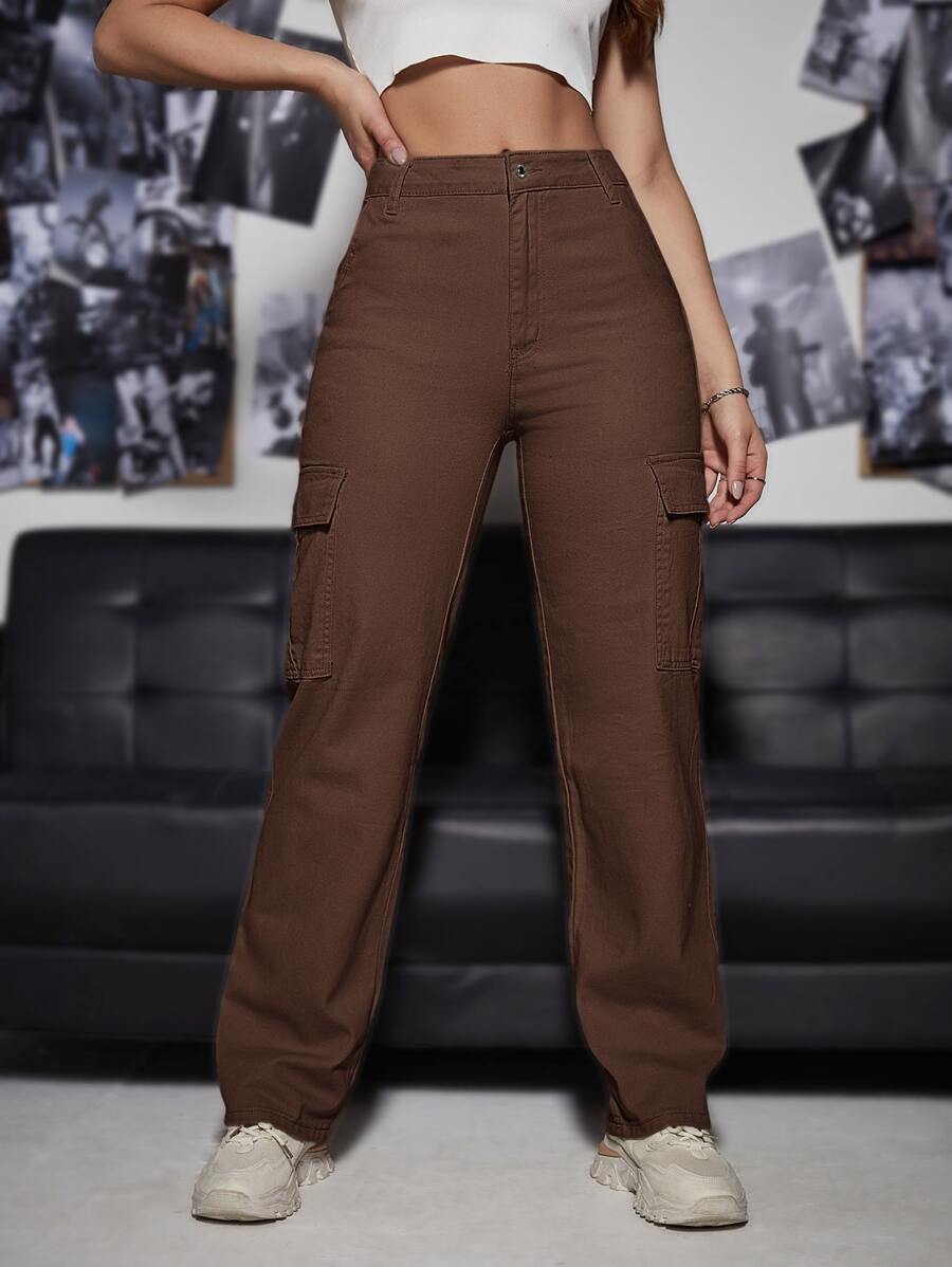 SHEIN EZwear Quần jean nữ Nút Túi Dây kéo màu trơn - Màu nâu Sô-cô-la - Xem 1