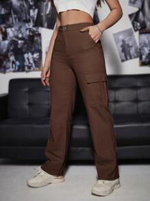 SHEIN EZwear Quần jean nữ Nút Túi Dây kéo màu trơn - Màu nâu Sô-cô-la - Xem 3