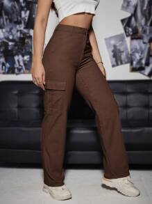 SHEIN EZwear Quần jean nữ Nút Túi Dây kéo màu trơn - Màu nâu Sô-cô-la - Xem 5