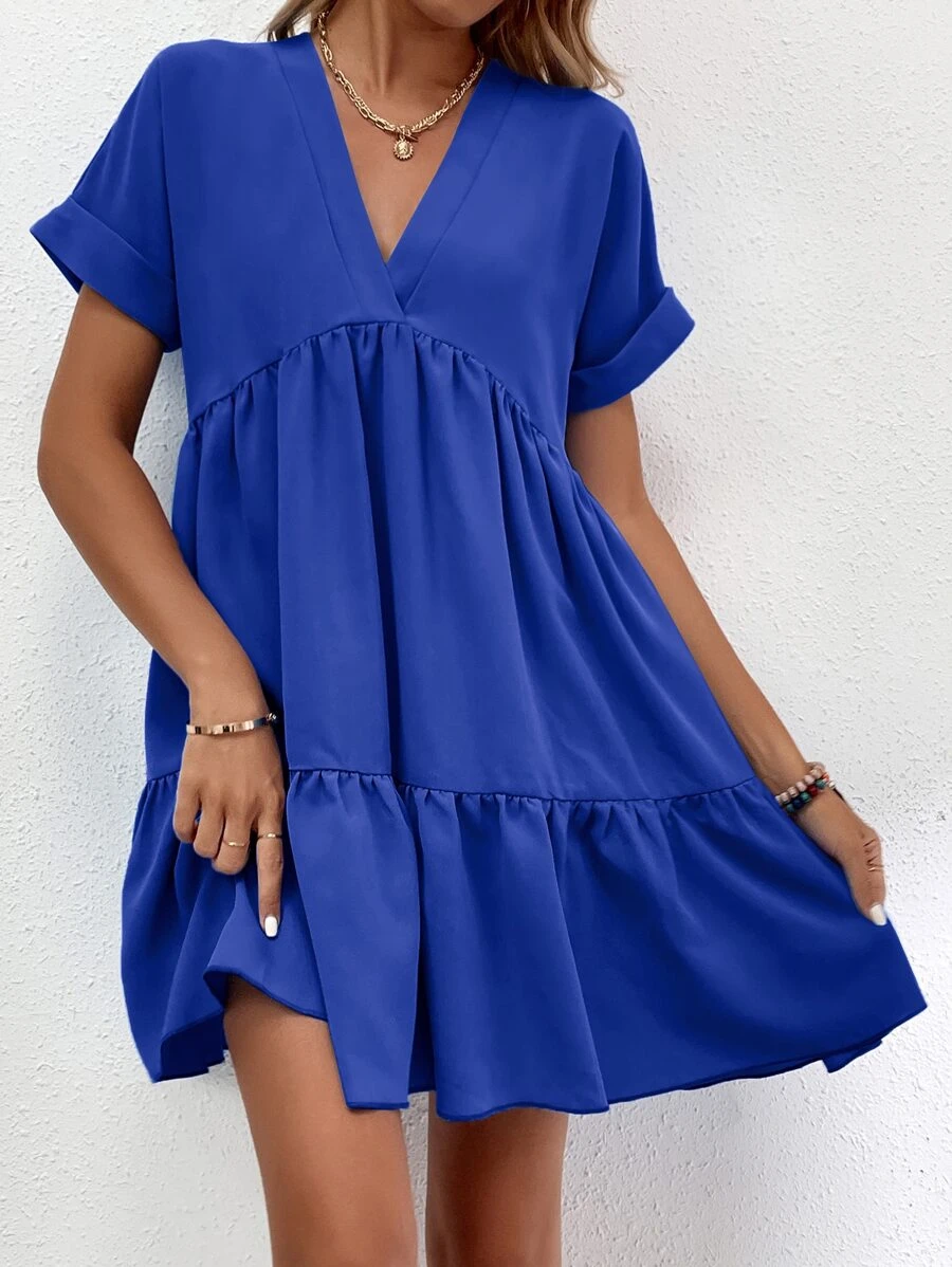 SHEIN LUNE Roll Cuff Ruffle Hem Solid Dress - Royal Blue - View 1