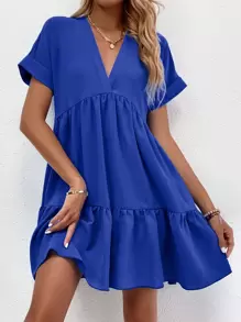 SHEIN LUNE Roll Cuff Ruffle Hem Solid Dress - Royal Blue - View 3
