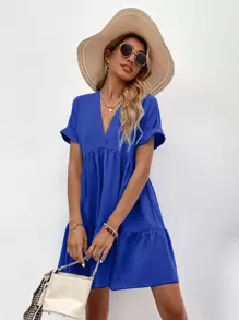 SHEIN LUNE Roll Cuff Ruffle Hem Solid Dress - Royal Blue - View 4