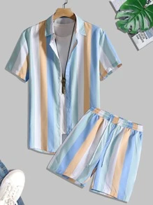 Manfinity Bộ hai mảnh Nam Dây kéo Nút phía trước Sọc Kỳ nghỉ - Nhiều màu - Xem 1