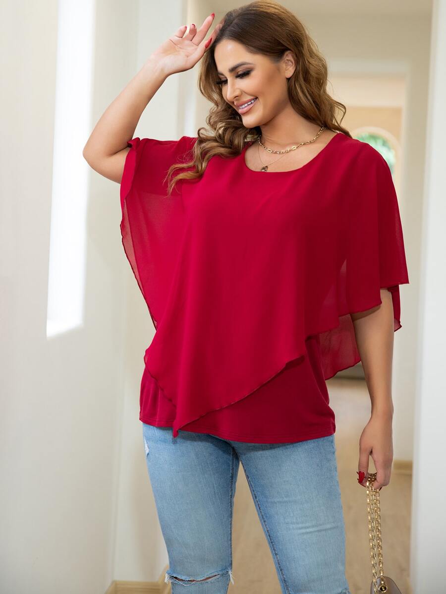 AAmilife 大碼斗篷袖頭巾下擺襯衫 - 酒紅色 - 查看 1