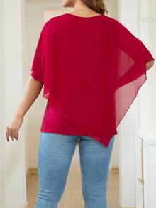 AAmilife 大碼斗篷袖頭巾下擺襯衫 - 酒紅色 - 查看 2