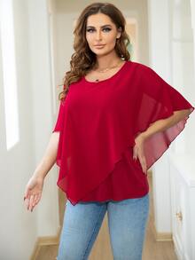 AAmilife 大碼斗篷袖頭巾下擺襯衫 - 酒紅色 - 查看 4