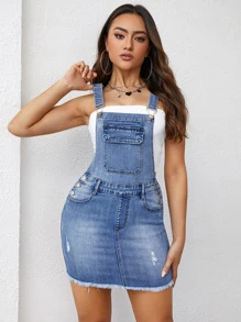 SHEIN EZwear 翻蓋口袋牛仔毛邊背帶洋裝