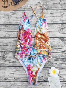 SHEIN Swim 隨機珊瑚印花交叉前繫帶連體泳衣 - 彩色 - 查看 4