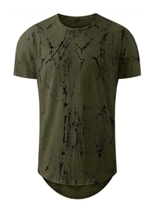 Men Marble Print High Low T-Shirt - Army Green - View 3