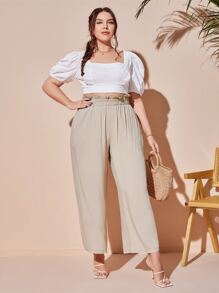 SHEIN VCAY 大碼紙袋型腰闊腿褲 - 卡其色 - 查看 3