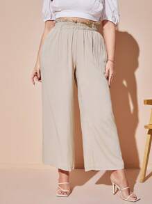 SHEIN VCAY 大碼紙袋型腰闊腿褲 - 卡其色 - 查看 4