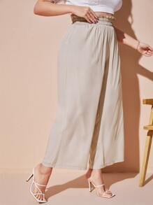 SHEIN VCAY 大碼紙袋型腰闊腿褲 - 卡其色 - 查看 5