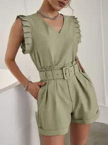 Sollinarry unicolor ribete con fruncido Top & bajo de doblez Shorts con cinturón - Caqui - Ver 1