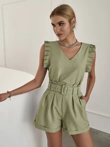 Sollinarry unicolor ribete con fruncido Top & bajo de doblez Shorts con cinturón - Caqui - Ver 4