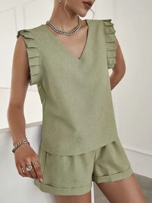 Sollinarry unicolor ribete con fruncido Top & bajo de doblez Shorts con cinturón - Caqui - Ver 5