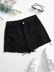 SHEIN EZwear Shorts bajo crudo con ojal desgarro - Negro - Ver 1