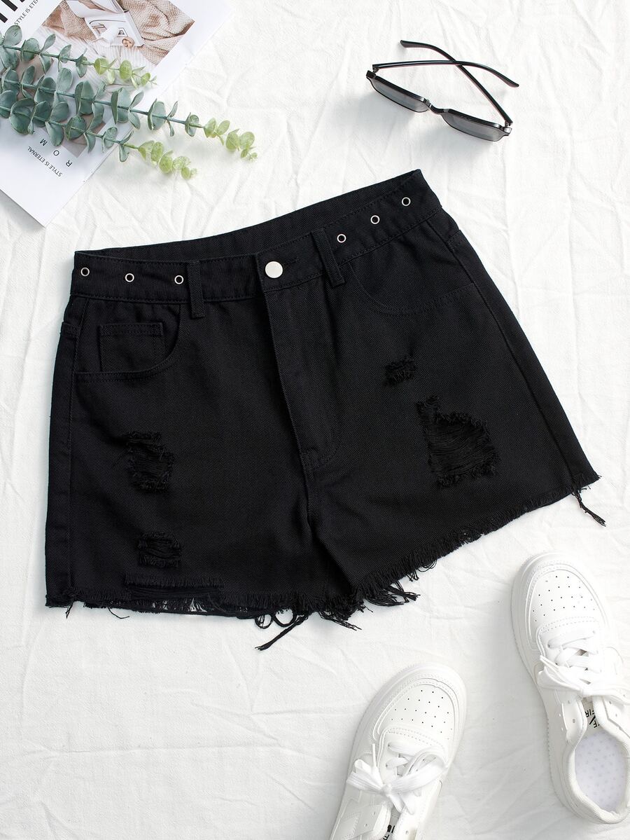 SHEIN EZwear Shorts bajo crudo con ojal desgarro - Negro - Ver 1