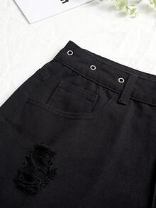 SHEIN EZwear Shorts bajo crudo con ojal desgarro - Negro - Ver 3