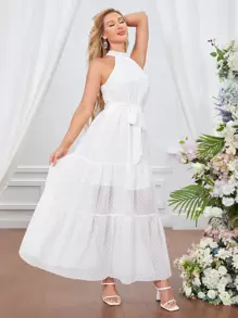 SHEIN VCAY Swiss Dot Ruffle Hem Tie Back Belted Halter Dress - White - View 1