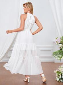 SHEIN VCAY Swiss Dot Ruffle Hem Tie Back Belted Halter Dress - White - View 2