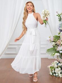 SHEIN VCAY Swiss Dot Ruffle Hem Tie Back Belted Halter Dress - White - View 4