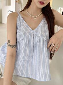 DAZY 条纹印花结肩吊带上衣夏季娃娃装上衣 - 藍白色 - 查看 1