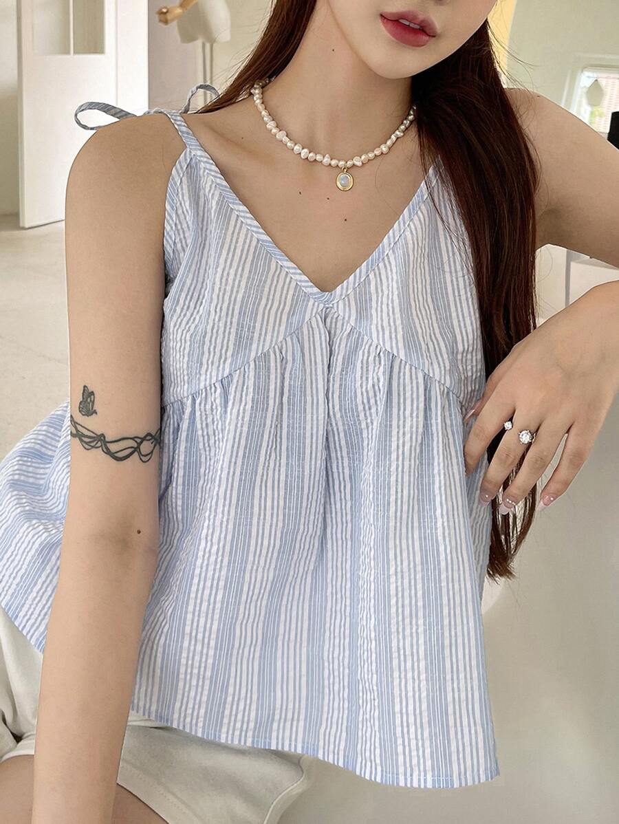 DAZY 条纹印花结肩吊带上衣夏季娃娃装上衣 - 藍白色 - 查看 1