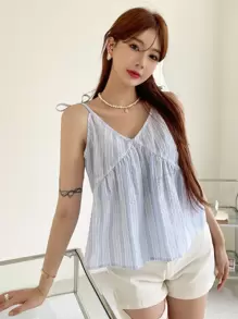 DAZY 条纹印花结肩吊带上衣夏季娃娃装上衣 - 藍白色 - 查看 3