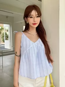 DAZY 条纹印花结肩吊带上衣夏季娃娃装上衣 - 藍白色 - 查看 5