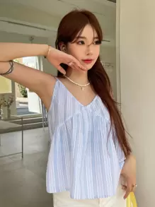 DAZY 条纹印花结肩吊带上衣夏季娃娃装上衣 - 藍白色 - 查看 8