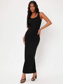 SHEIN BASICS Double Scoop Neck Solid Dress - Black - View 1