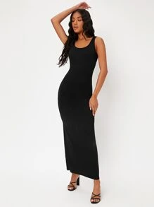 SHEIN BASICS Double Scoop Neck Solid Dress - Black - View 6