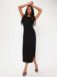 SHEIN BASICS Solid Curved Hem Cami Dress - Black - View 3
