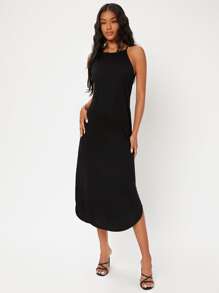 SHEIN BASICS Solid Curved Hem Cami Dress - Black - View 5