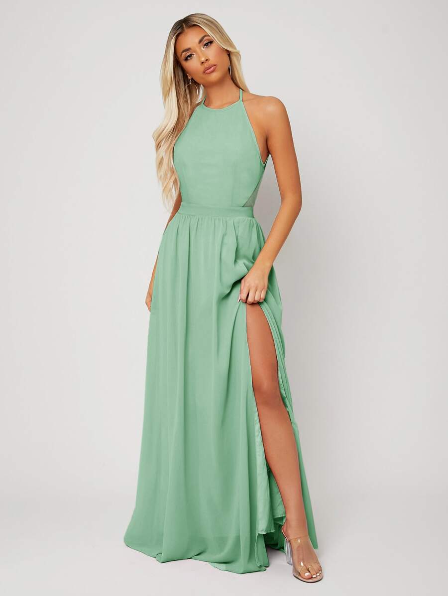 SHEIN Belle Backless Halter Neck Slit Thigh Prom Dress Elegant Bridesmaid Dress - Mint Green - View 1